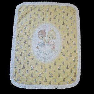 VTG Precious Moments Baby Quilt Blanket Angels Yellow Unisex Boy Girl Animals